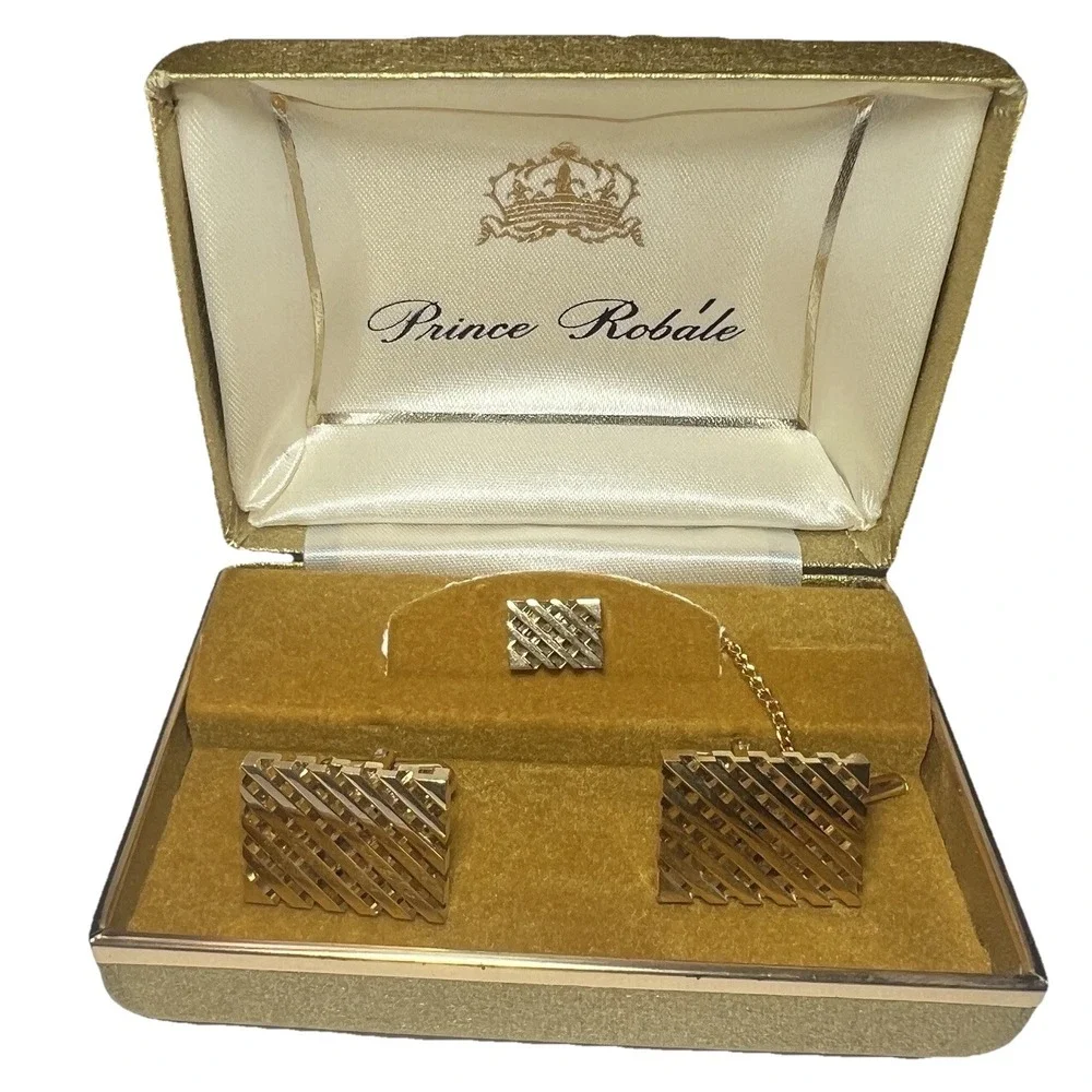 Men's‎ Vintage New In Box Prince Robale Timeless Gold Tone Cuff Links & Tie Pin